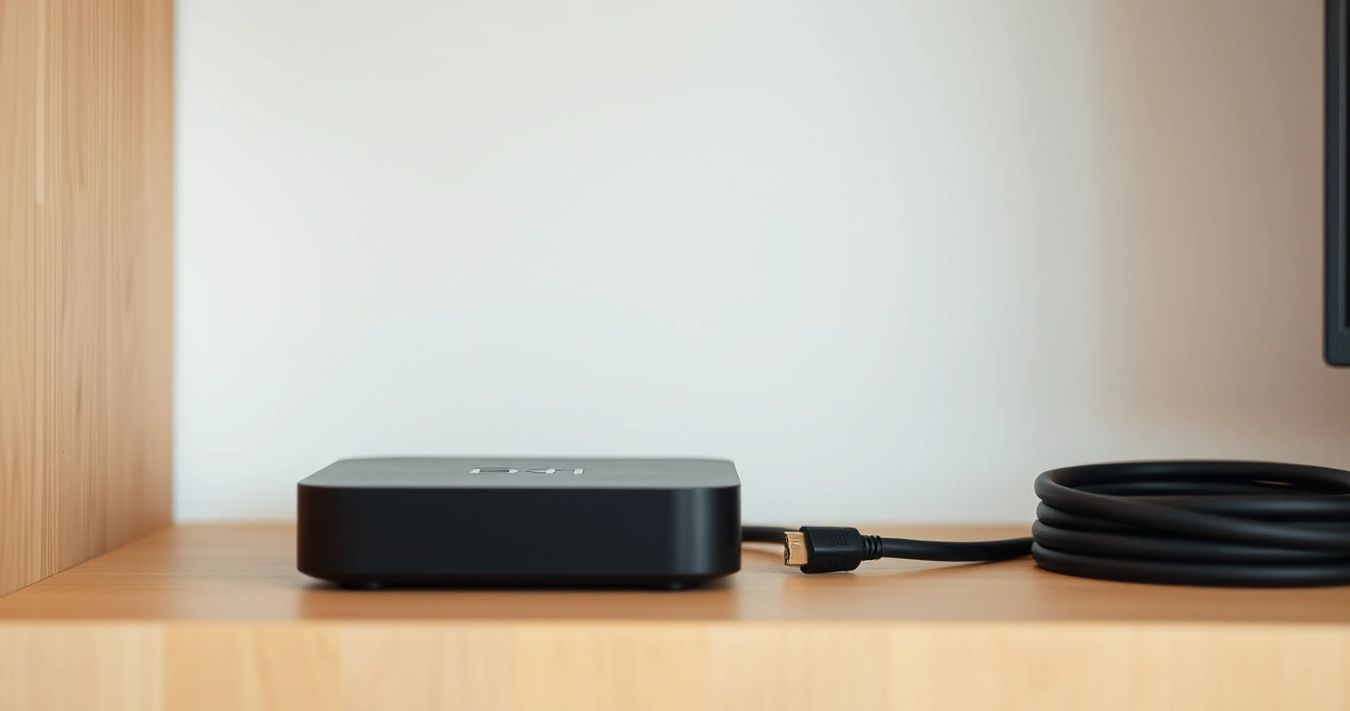 Caixa de streaming preta sobre prateleira de madeira ao lado de cabo HDMI